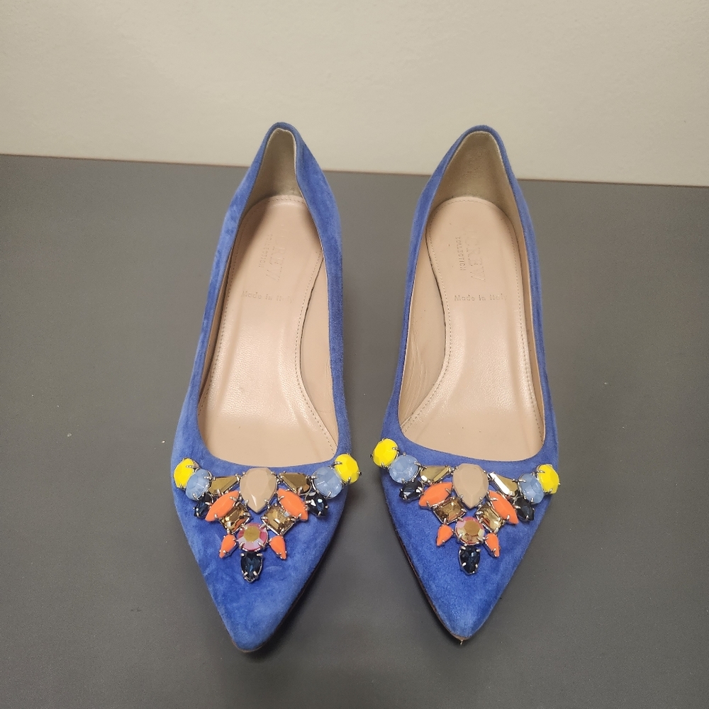 J. Crew COLLECTION Dulci Suede Kitten Heels Jeweled  Blue Italy Sz 5